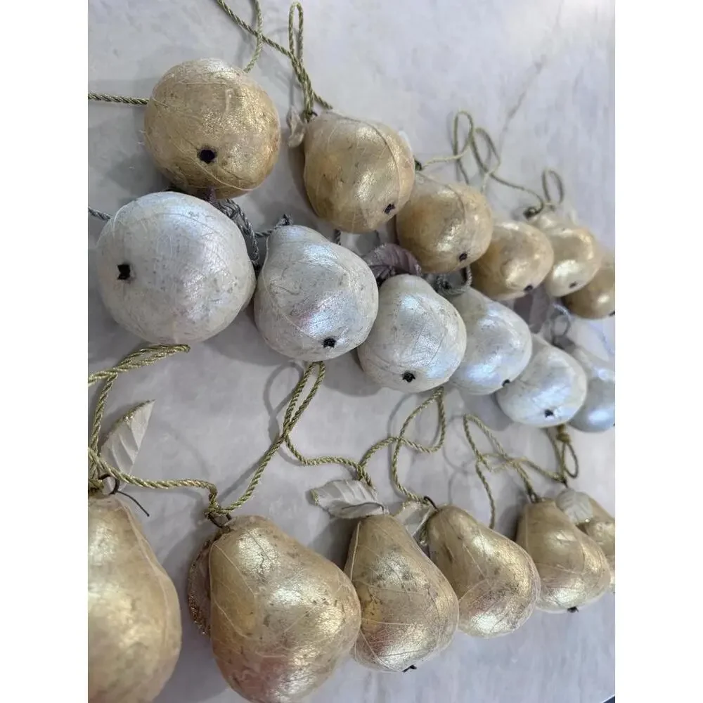 Pear Faux Fruit Garland, Silver & Gold, Christmas, 68in Long, 3 Strands